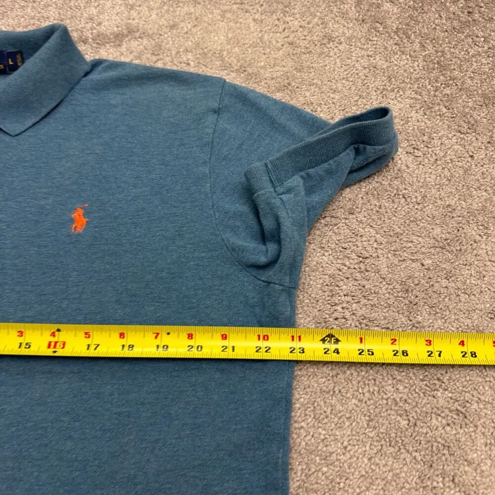 Polo Ralph Lauren Knit Polo Shirt Men Large Blue Short Sleeve Orange Pony Logo